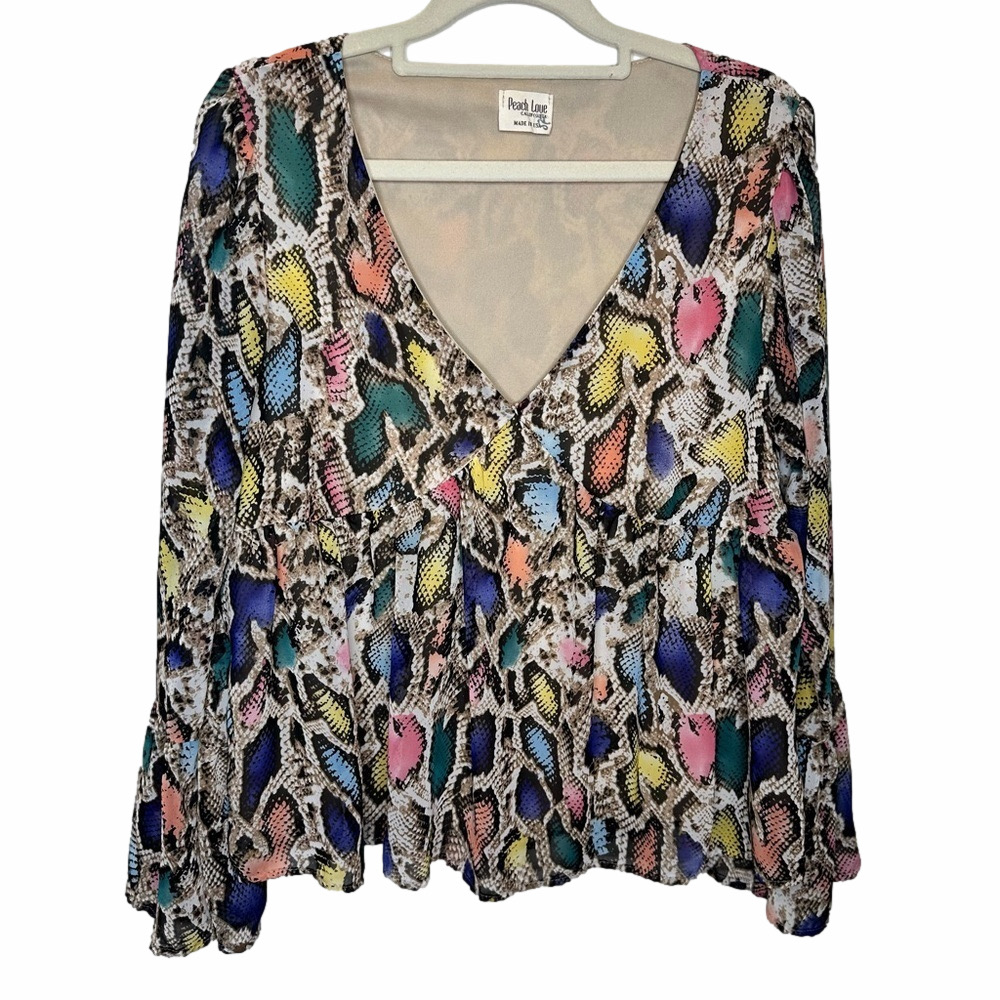 Peach Love California Beige Multi Colored Snakeskin Blouse Size Small